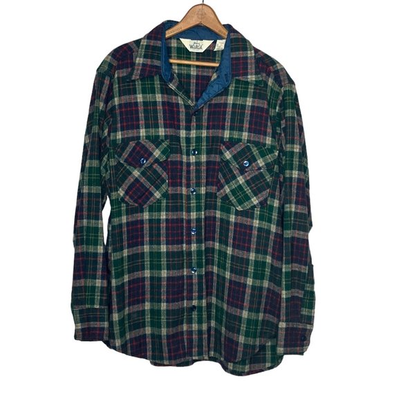 Vintage 70s Woolrich Men's XL Green Plaid Wool Blend Button Up Shirt Made In USA - Picture 1 of 4